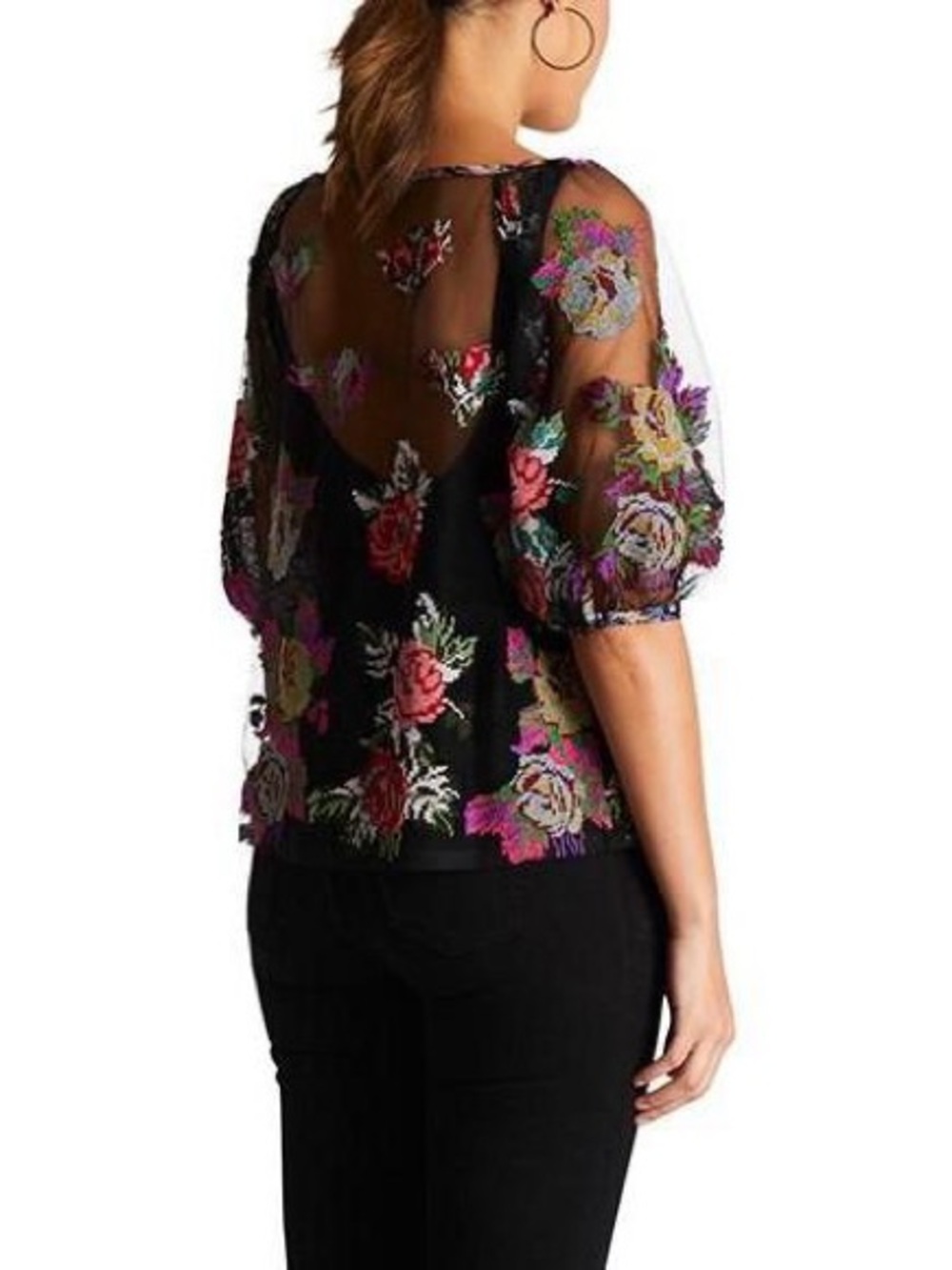 Anna Sui Sheer Black Floral Beaded Blouse with Ribbon Tie - Picture 7 of 15